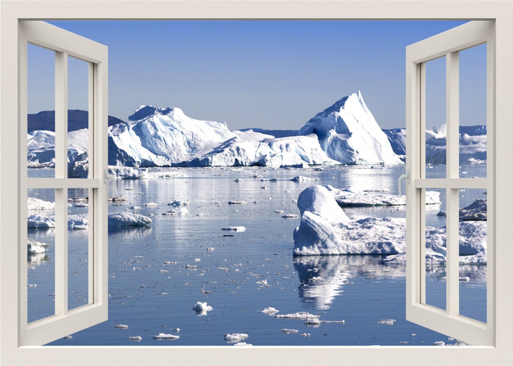 Antarctic Icebergs Wall Decal, 3d Window Wall Decal, Greenland Wall Decal, Window Frame, Window View Wall Mural, Living Room Home Wall Decor