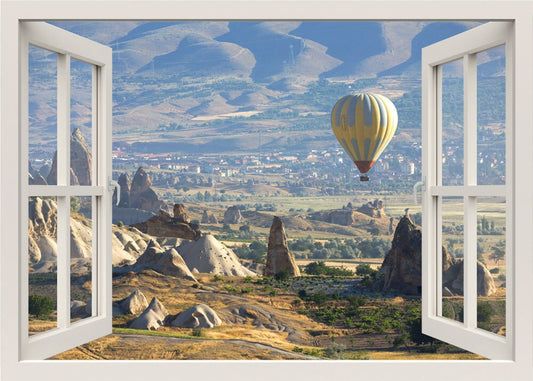 Hot Air Balloons Wall Decal, Mountains View Wall Decal, 3d Window Wall Decal, Window Frame, Window View Wall Mural, Home Decor Mural