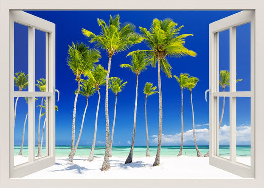 Beach Wall Decal, Palm Trees Wall Decal, 3d Window Wall Decal, Tropical Beach Wall Sticker, Window Frame, Window View Mural Home Decor