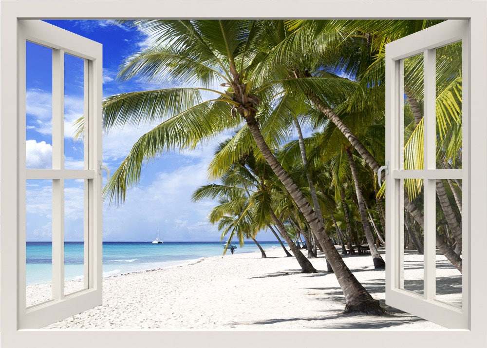 Beach Wall Decal, Palm Trees Wall Decal, Tropical Beach 3d Window Wall Decal Wall Sticker, Window Frame, Window View Mural Home Decor