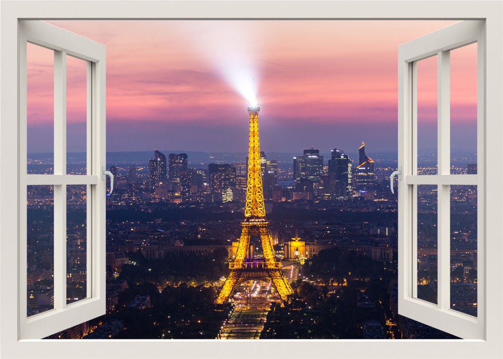 Eiffel Wall Decal, Eiffel Wall Sticker, Paris 3d Window Frame Wall Decal, Window View Wall Decal, Wall Mural, Living Room Bedroom Home Decor