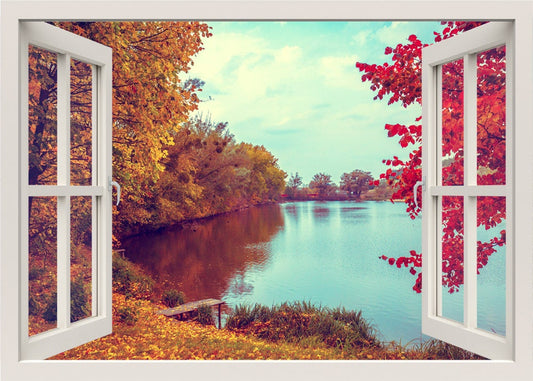 Autumn Landscape Wall Decal, Lake Wall Decal, 3d Window Wall Decal, Nature Wall Decal, Window View Sticker, Window Frame, Home Decor Mural