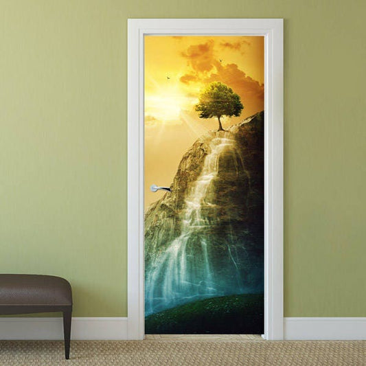 Autocollant mural de montagne, autocollant mural nature, autocollant de porte coucher de soleil, papier peint arbre, revêtement de porte, décoration murale, décoration de chambre à coucher, salon, maison