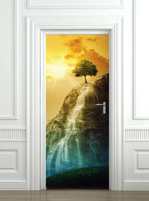 Autocollant mural de montagne, autocollant mural nature, autocollant de porte coucher de soleil, papier peint arbre, revêtement de porte, décoration murale, décoration de chambre à coucher, salon, maison