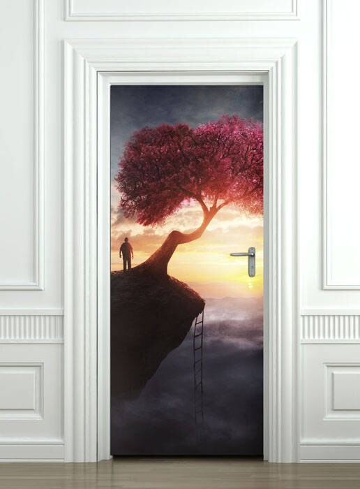 Sticker mural arbre, autocollant de porte, papier peint de porte nature, autocollant mural coucher de soleil, peinture murale de porte, décoration de maison de chambre à coucher de salon, peinture murale de porte