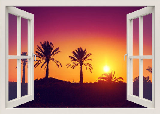 Sunset Wall Decal, Landscape View Wall Decal, 3d Window Wall Decal, Palm Trees Window Frame, Sunset from Window View Home Decal, Wall Mural