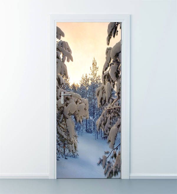 Autocollant mural d'hiver, autocollant mural de neige, peinture murale de porte, papier peint nature de porte enneigée, autocollant de porte, autocollant de porte de conception de maison, revêtement de porte