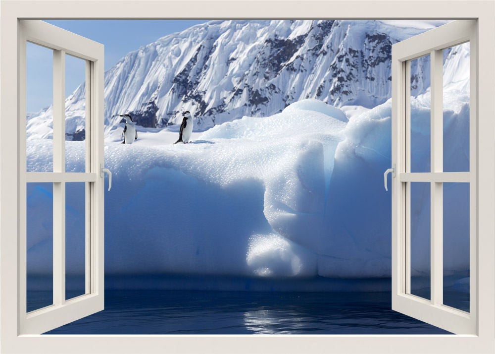 3d Window Wall Decal, Penguins Wall Decal, Snow Iceberg Wall Decal, Window Frame Wall Sticker, Window View Home Decal, Wall Mural