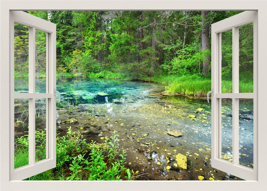 Autocollant mural Forêt de printemps, autocollant mural Lac, autocollant mural Vue de fenêtre 3D Nature, autocollant mural Arbres, peinture murale Forêt, décoration murale pour la maison