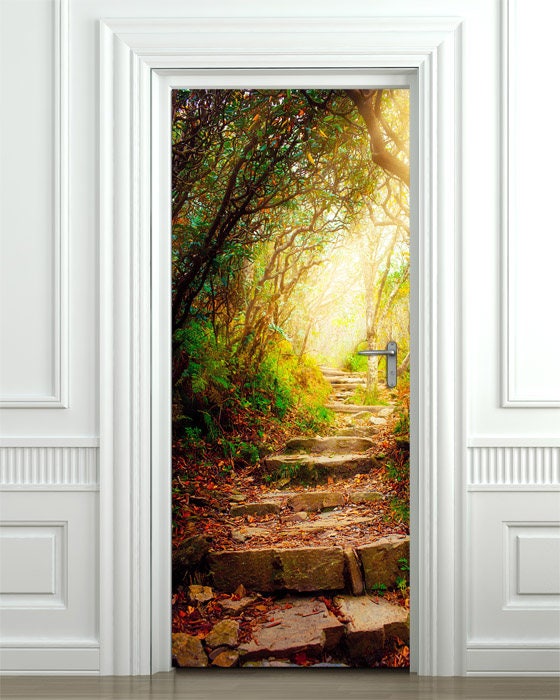 Stone Steps inside Forest Wall Decal, Garden Glowing Light Wall Decal, Nature Wall Sticker, Autumn Door Decor, Door Mural Home Decor