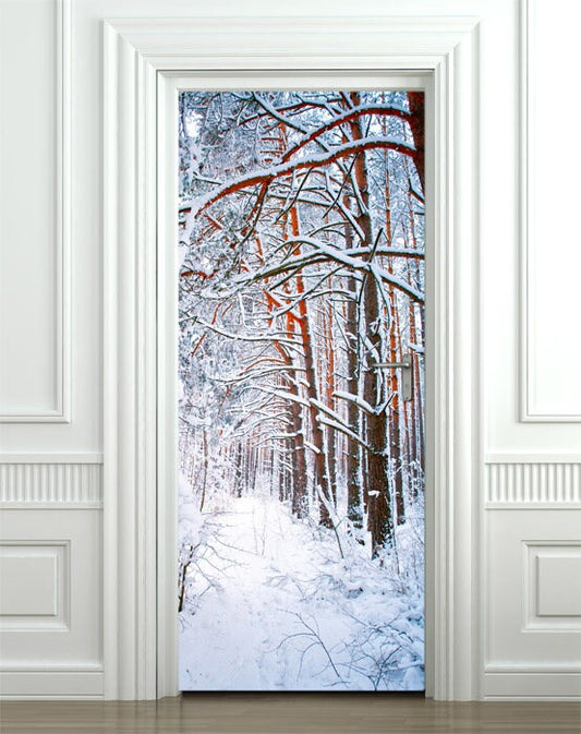 Autocollant mural de neige, autocollant mural d'hiver pour décoration de porte, autocollant mural d'arbres en hiver, décoration murale de forêt, couverture de porte, papier peint mural pour décoration d'intérieur