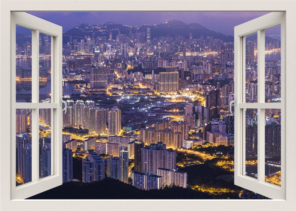 Hong Kong City Skyline Wall Decal, China Wall Decal, Skyline 3d Window Wall Decal, Cityscape Skyline Wall Sticker, Window Frame Wall Sticker