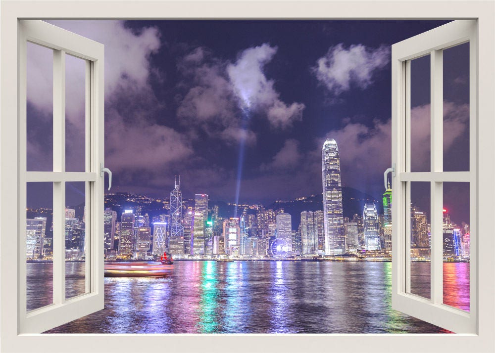 Hong Kong City Skyline Wall Decal, Skyline 3d Window Wall Decal, China Wall Decal, Hong Kong Cityscape Window Frame Wall Sticker