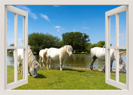 Horses Wall Decal, Horses Wall Sticker, Horses near Lake View Window Frame Wall Decal, Window View Wall Decal, Wall Decor Mural