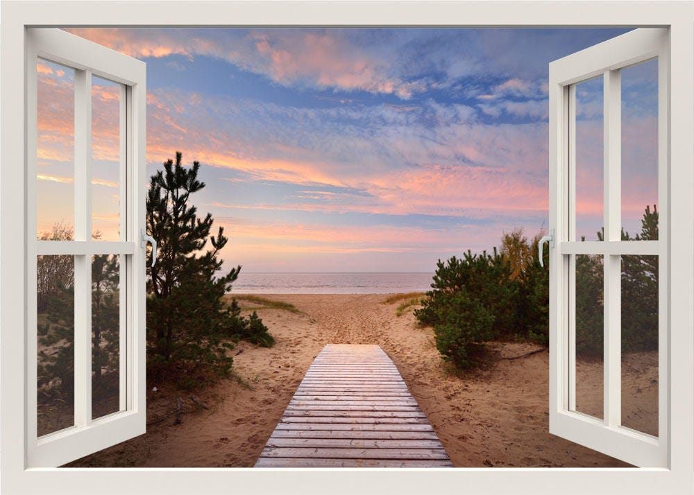 Autocollant mural bord de mer, autocollant mural promenade vers la plage, autocollant mural fenêtre 3D, cadre de fenêtre nature, autocollant pour la maison avec vue sur la fenêtre, papier peint coucher de soleil