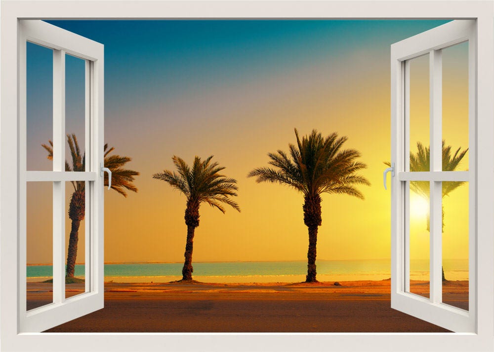 Palm Trees At Sunset Wall Decal, Palm Trees Wall Sticker, Sunset Beach View 3d Window Wall Decal, Window Frame Wall Decal, Home Decor