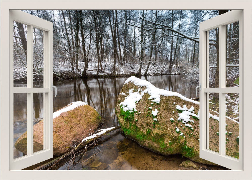 Autocollant mural avec vue sur la rivière en hiver, autocollant mural avec vue sur la fenêtre 3D, autocollant mural avec arbres, décoration murale avec rivière et nature, décoration de chambre à coucher, salon