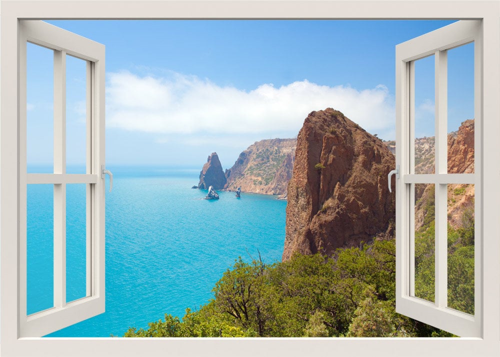 Sticker mural avec vue sur la mer et les rochers, autocollant mural avec vue sur la fenêtre 3D, autocollant mural avec vue sur la mer et la plage, autocollant mural avec vue sur la nature, décoration de la chambre à coucher, salon