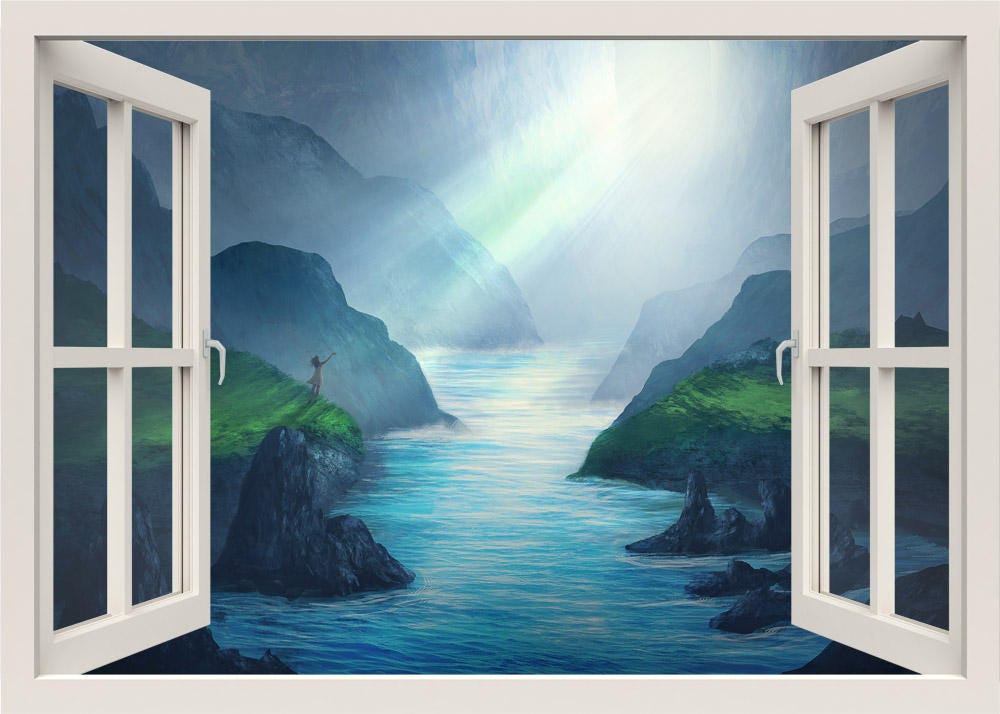 Autocollant mural montagnes, papier peint montagnes de la mer, autocollant mural nature fantastique, autocollant vue de fenêtre 3D, décoration murale de salon à domicile