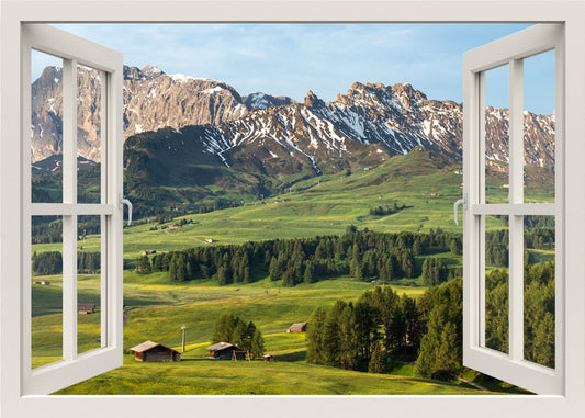 Autocollant mural avec vue sur les montagnes, autocollant mural avec fenêtre 3D, autocollant mural avec vue sur la nature et les montagnes, cadre de fenêtre, peinture murale avec vue sur la fenêtre, décoration murale pour la maison