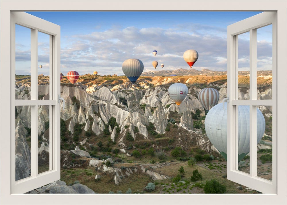 Hot Air Balloons Wall Decal, 3d Window Wall Decal, Mountains View Wall Decal, Balloon Window Frame, Window View Home Decal, Wall Mural