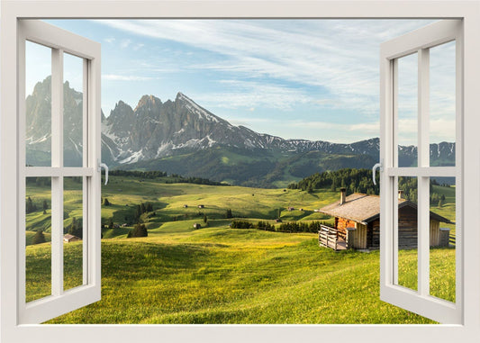 Autocollant mural avec vue sur les montagnes et le paysage, autocollant mural pour fenêtre 3D, autocollant mural pour montagnes, autocollant mural nature, cadre de fenêtre, peinture murale avec vue sur la fenêtre