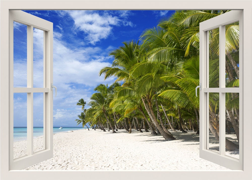 3d Window Wall Decal Wall Sticker, Beach Wall Decal, Palm Trees Window Frame Wall Decal, Tropical Beach, Window View Mural Home Decor