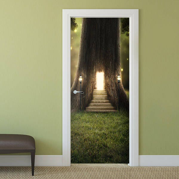 Tree in Forest Wall Decal, Door Sticker, Nature Door Wallpaper, Glowing Light Wall Sticker, Door Mural, Living Room Bedroom Home Decor