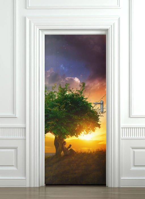 Sticker mural arbre au coucher du soleil, autocollant de porte, papier peint de porte, autocollant mural arbre, peinture murale de porte, décoration de maison de chambre à coucher de salon, peinture murale de porte