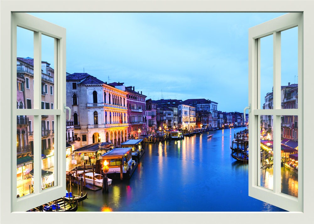 Autocollant mural Grand Canal Venise, autocollant mural fenêtre 3D, autocollant mural Italie, cadre de fenêtre avant le coucher du soleil, autocollant pour la maison avec vue sur la fenêtre, peinture murale