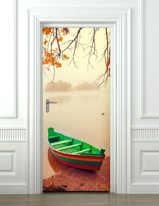 Sticker mural bateau en bois, autocollant de porte, autocollant de porte avec vue sur le lac, autocollant mural nature, papier peint mural de porte d'automne, revêtement de porte, décoration de porte de réfrigérateur