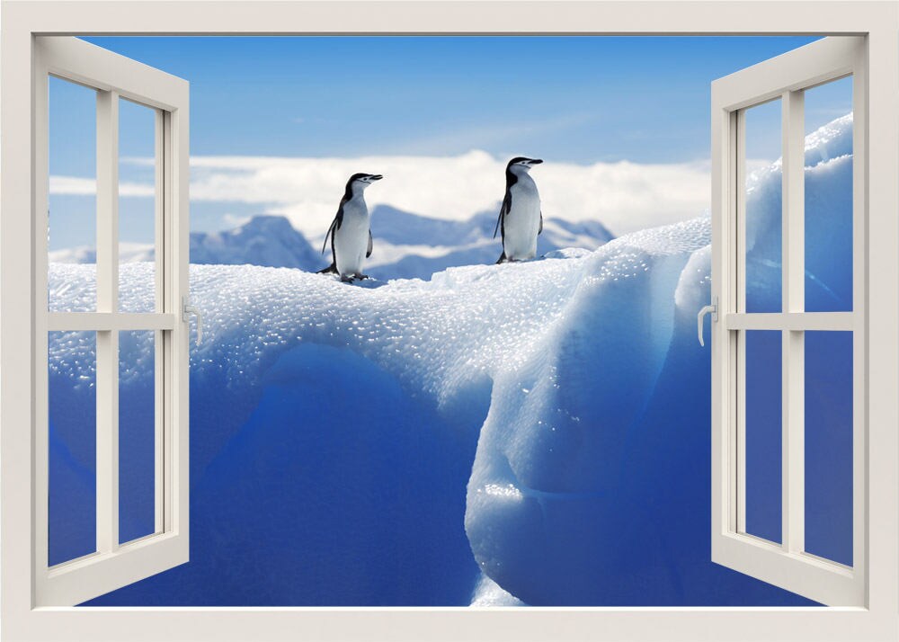 Autocollant mural 3D pour fenêtre avec animaux de l'Antarctique, autocollant mural avec pingouins, autocollant mural avec iceberg de neige, autocollant mural pour cadre de fenêtre, autocollant pour la maison avec vue sur la fenêtre