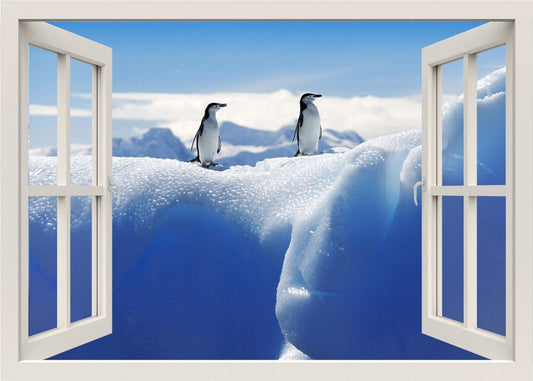 Antarctica Animals 3d Window Wall Decal, Penguins Wall Decal, Snow Iceberg Wall Decal, Window Frame Wall Sticker, Window View Home Decal