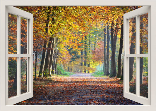 Autocollant mural 3D pour fenêtre avec arbres d'automne, autocollant mural pour forêt, peinture murale d'automne, autocollant mural pour arbres, autocollant mural pour cadre de fenêtre, autocollant pour la maison avec vue sur la fenêtre