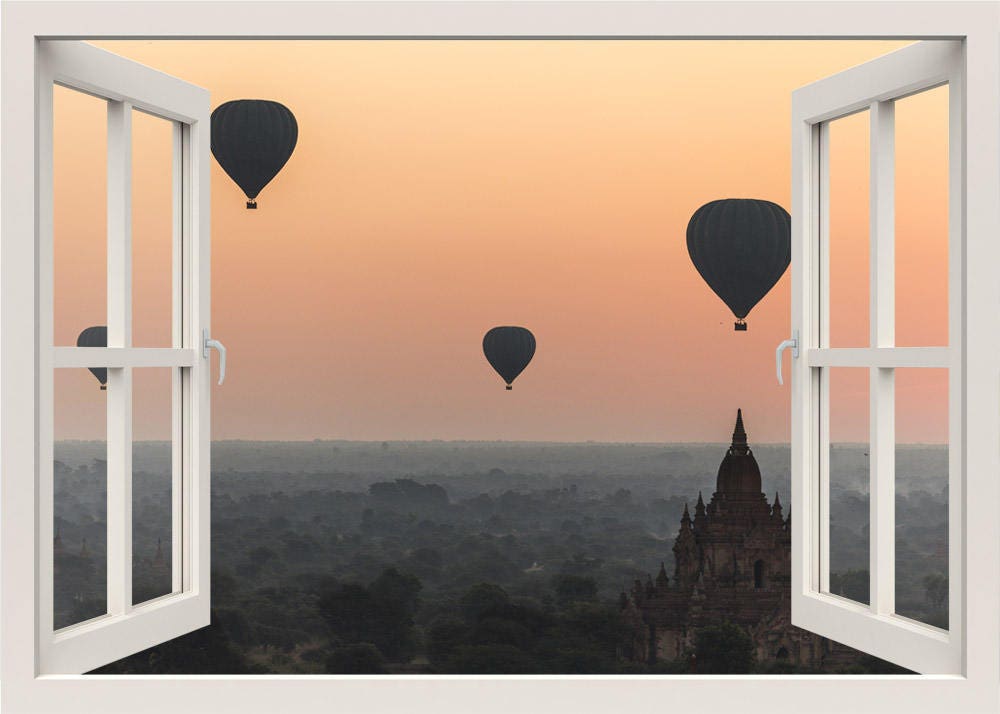 Hot Air Balloons Wall Decal Wall Sticker, 3d Window View Wall Sticker, Air Balloons Wall Mural, Window Frame Sticker, Window View Home Decal