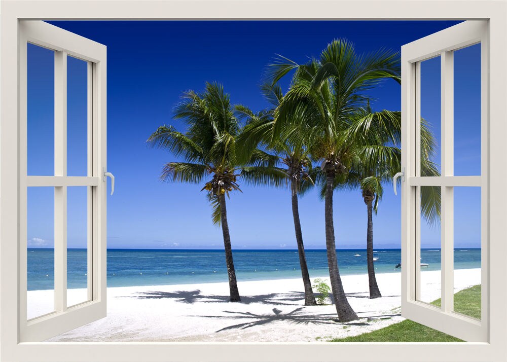 Tropical Beach Wall Decal, 3d Window Wall Decal, Sea Nature Wall Decal, Palm Trees Wall Mural, Window Frame, Living Room Home Wall Decor