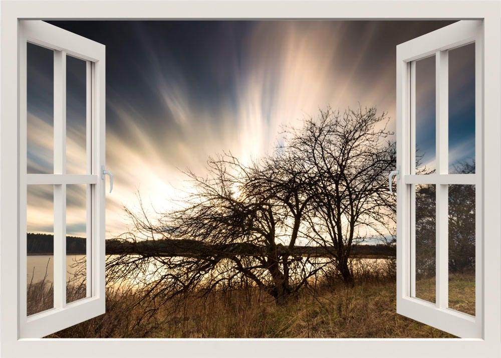 Trees at Sunset Wall Decal, Sun Rise Wall Sticker, 3d Window View Nature Wall Decal, Wall Mural, Window Frame Living Room Home Wall Decor