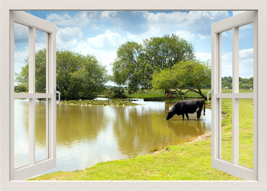 Cow Wall Decal, Cow Standing in Water at a Lake Wall Decal, Animals 3d Window View Wall Decal, Window Frame Living Room Home Wall Decor