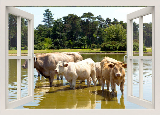 Autocollant mural vaches, autocollant mural vache buvant dans l'eau au bord d'un lac, autocollant mural vue de fenêtre 3D animaux, décoration murale de cadre de fenêtre de salon