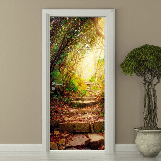 Stone Steps inside Forest Wall Decal, Garden Glowing Light Wall Decal, Nature Wall Sticker, Autumn Door Decor, Door Mural Home Decor