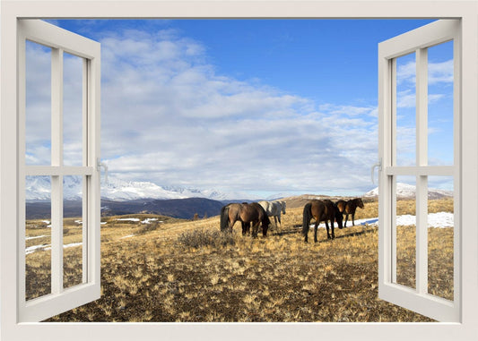 Horses Wall Decal, Horses Wall Sticker, Horses on Mountains Field View Window Frame Wall Decal, Window View Wall Decal, Wall Decor Mural