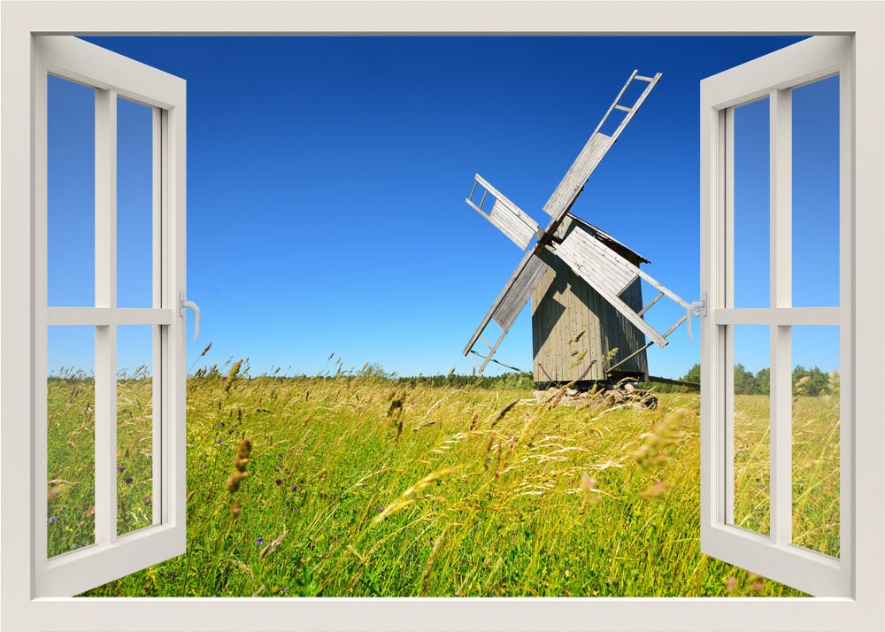 Windmill Wall Decal, 3d Window Wall Decal, Window View Wall Mural, Windmill Sticker Window Frame, Nature Wall Decal for Home Decor