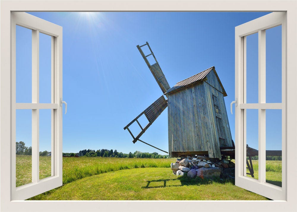 Windmill  Wall Decal, Windmill Wall Sticker, Nature Field Wall Decal, 3d Window View Wall Sticker, Window Frame Wall Sticker, Home Decor