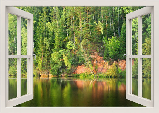 Autocollant mural lac, autocollant mural lac, autocollant mural forêt, peinture murale vue fenêtre 3D, autocollant mural nature, autocollant mural cadre de fenêtre pour la décoration intérieure