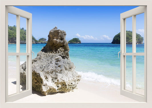 Beach Wall Decal, Beach Wall Sticker, Tropical Beach and Rock Wall Decal, Nature Wall Decal, 3d Window Frame Wall Sticker for Home Decor