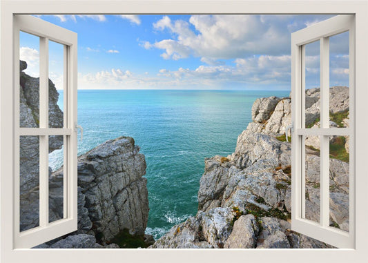 Sea View Wall Decal, 3d Window View Wall Decal, Sea View Wall Sticker, Nature Sticker, Rocks Wall Mural, Bedroom Home Decor Living Room