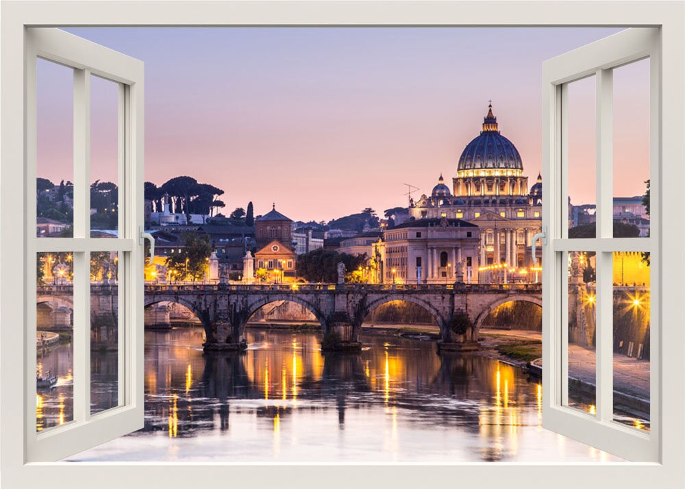 Rome Wall Decal, 3d Window View Wall Decal, Rome Wall Sticker Mural, Italy Wall Decor Sticker, Bridge Decal, Bedroom Home Decor Living Room