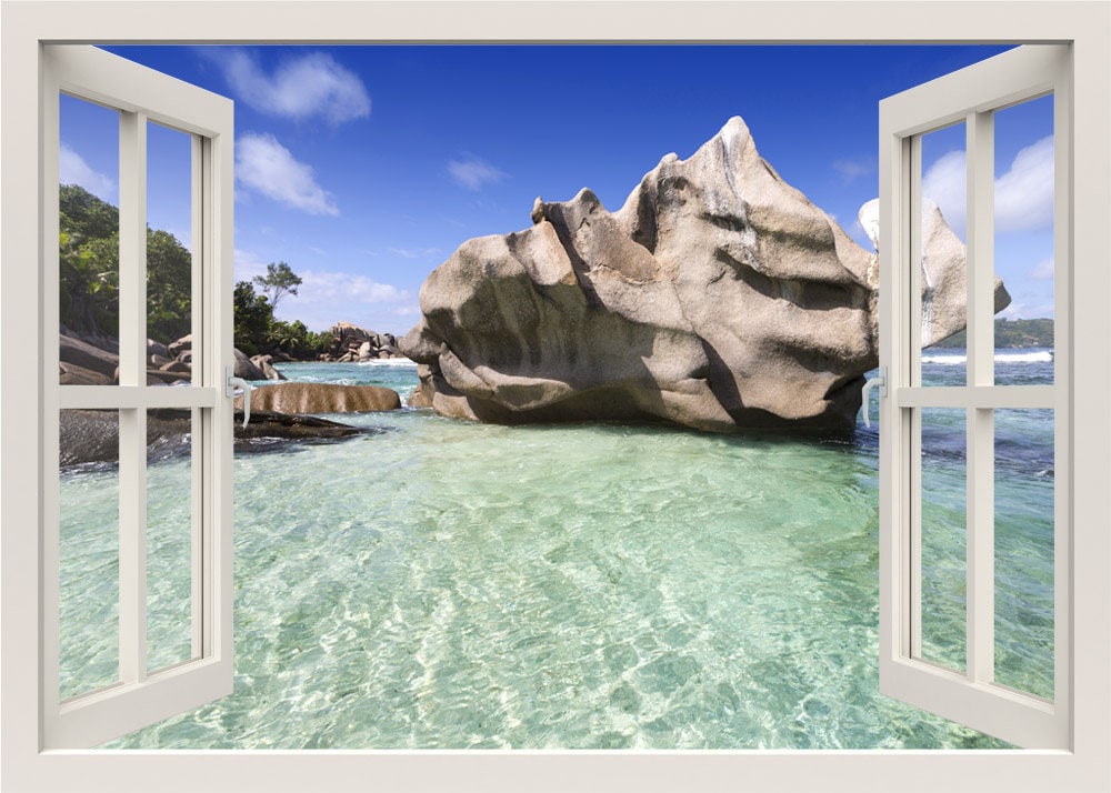 Autocollant mural Seychelles, autocollant vue sur la mer, autocollant mural rochers du rivage de la mer, autocollant mural vue de fenêtre 3D, autocollant mural nature, décoration de salon