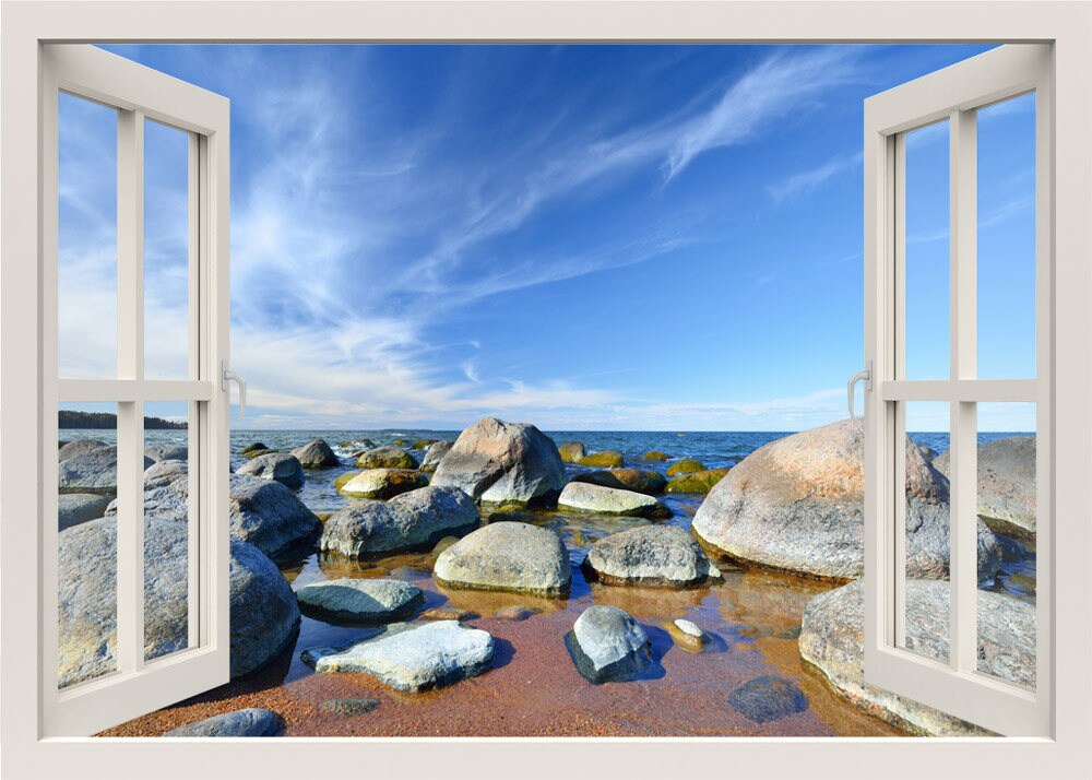 Sticker mural avec vue sur la mer et les rochers, autocollant mural avec vue sur la fenêtre 3D, autocollant mural avec vue sur la mer en été, autocollant mural avec vue sur la nature, décoration de la maison pour le salon et la chambre à coucher