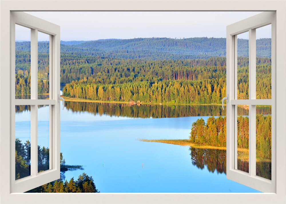 Sticker mural lac, peinture murale lac, autocollant mural lac, autocollant mural arbres nature, autocollant vue fenêtre 3D, décoration de salon pour la maison